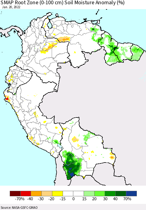 Northern South America SMAP Root Zone (0-100 cm) Soil Moisture Anomaly (%) Thematic Map For 1/16/2022 - 1/20/2022