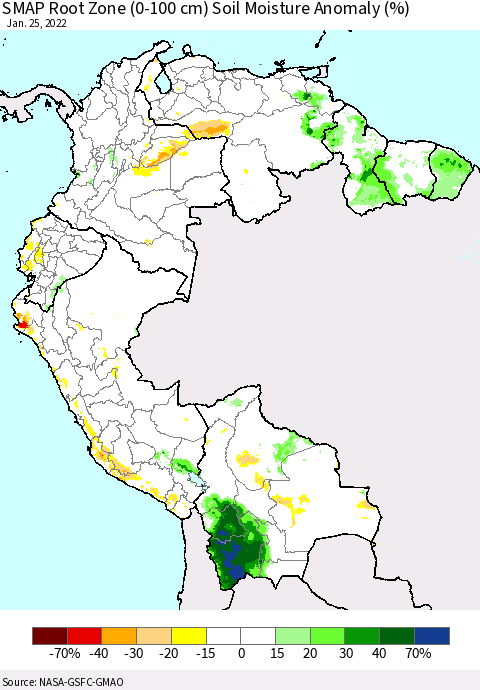 Northern South America SMAP Root Zone (0-100 cm) Soil Moisture Anomaly (%) Thematic Map For 1/21/2022 - 1/25/2022