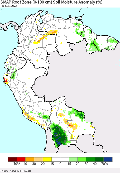 Northern South America SMAP Root Zone (0-100 cm) Soil Moisture Anomaly (%) Thematic Map For 1/26/2022 - 1/31/2022
