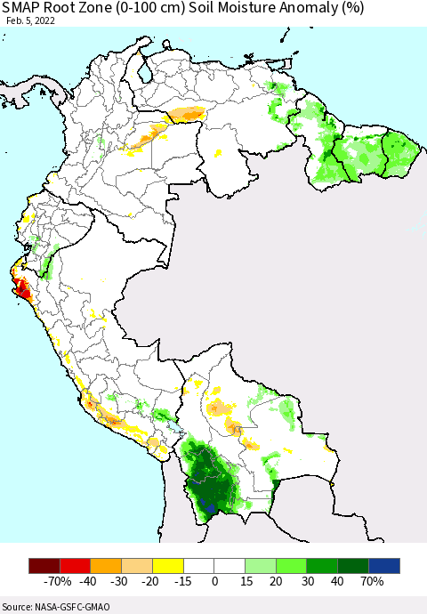 Northern South America SMAP Root Zone (0-100 cm) Soil Moisture Anomaly (%) Thematic Map For 2/1/2022 - 2/5/2022
