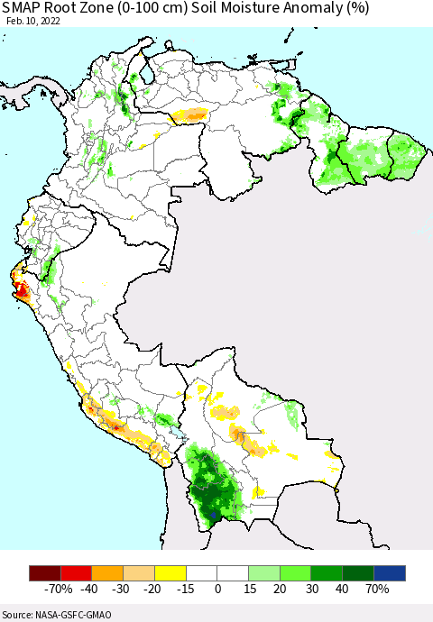 Northern South America SMAP Root Zone (0-100 cm) Soil Moisture Anomaly (%) Thematic Map For 2/6/2022 - 2/10/2022