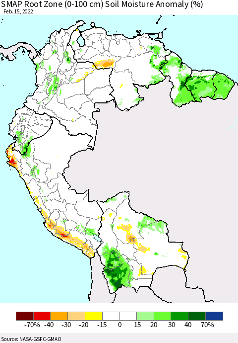 Northern South America SMAP Root Zone (0-100 cm) Soil Moisture Anomaly (%) Thematic Map For 2/11/2022 - 2/15/2022