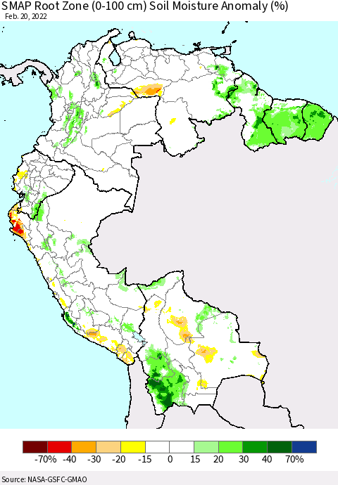 Northern South America SMAP Root Zone (0-100 cm) Soil Moisture Anomaly (%) Thematic Map For 2/16/2022 - 2/20/2022