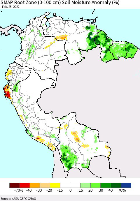 Northern South America SMAP Root Zone (0-100 cm) Soil Moisture Anomaly (%) Thematic Map For 2/21/2022 - 2/25/2022