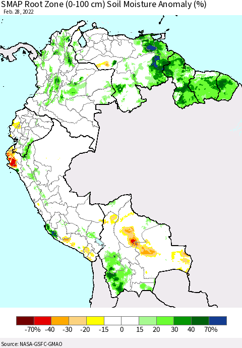 Northern South America SMAP Root Zone (0-100 cm) Soil Moisture Anomaly (%) Thematic Map For 2/26/2022 - 2/28/2022