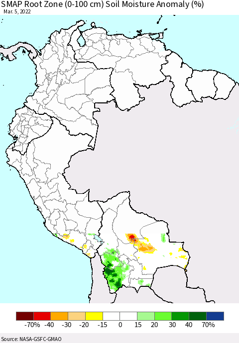 Northern South America SMAP Root Zone (0-100 cm) Soil Moisture Anomaly (%) Thematic Map For 3/1/2022 - 3/5/2022
