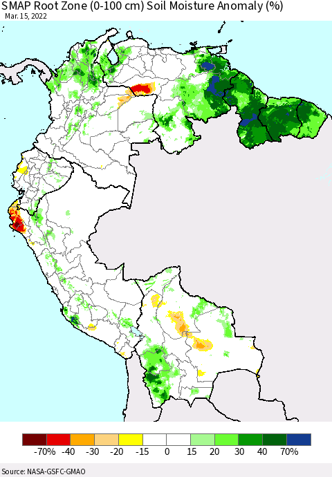 Northern South America SMAP Root Zone (0-100 cm) Soil Moisture Anomaly (%) Thematic Map For 3/11/2022 - 3/15/2022