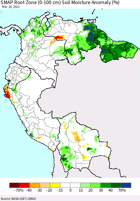 Northern South America SMAP Root Zone (0-100 cm) Soil Moisture Anomaly (%) Thematic Map For 3/16/2022 - 3/20/2022