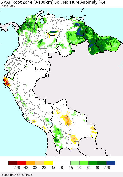 Northern South America SMAP Root Zone (0-100 cm) Soil Moisture Anomaly (%) Thematic Map For 4/1/2022 - 4/5/2022