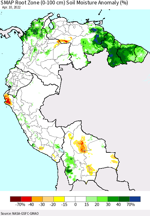 Northern South America SMAP Root Zone (0-100 cm) Soil Moisture Anomaly (%) Thematic Map For 4/6/2022 - 4/10/2022