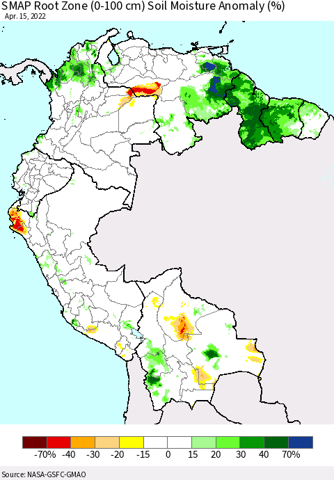 Northern South America SMAP Root Zone (0-100 cm) Soil Moisture Anomaly (%) Thematic Map For 4/11/2022 - 4/15/2022