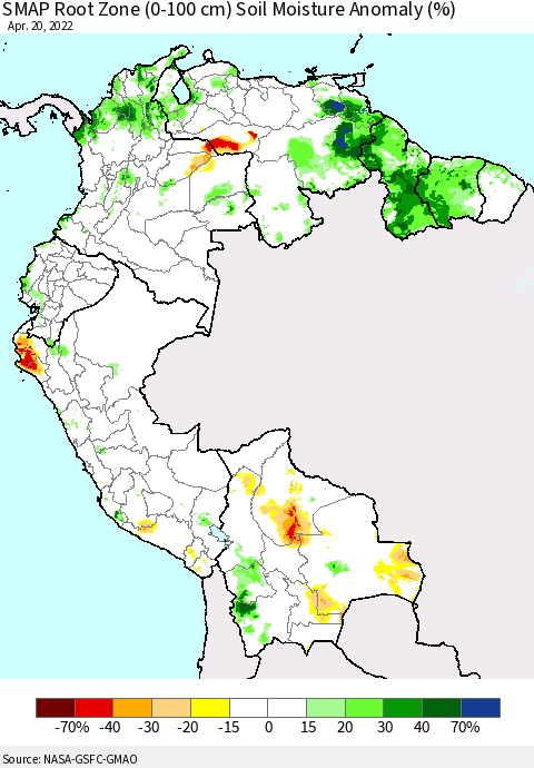 Northern South America SMAP Root Zone (0-100 cm) Soil Moisture Anomaly (%) Thematic Map For 4/16/2022 - 4/20/2022