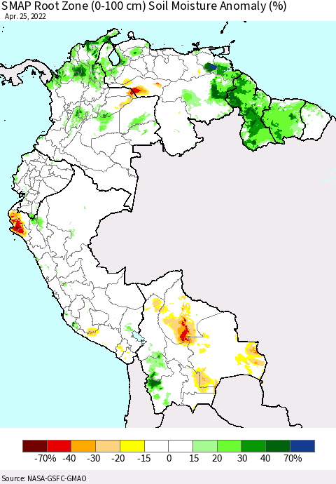 Northern South America SMAP Root Zone (0-100 cm) Soil Moisture Anomaly (%) Thematic Map For 4/21/2022 - 4/25/2022