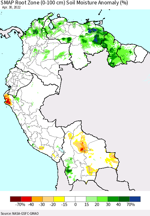 Northern South America SMAP Root Zone (0-100 cm) Soil Moisture Anomaly (%) Thematic Map For 4/26/2022 - 4/30/2022