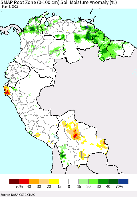 Northern South America SMAP Root Zone (0-100 cm) Soil Moisture Anomaly (%) Thematic Map For 5/1/2022 - 5/5/2022