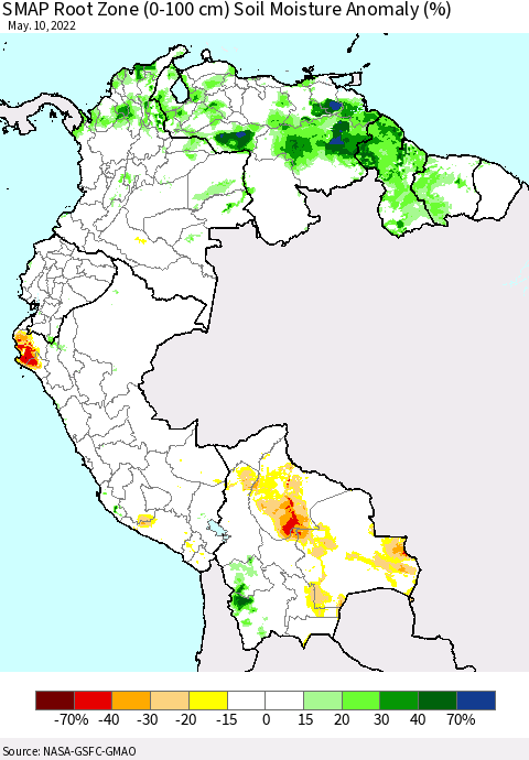 Northern South America SMAP Root Zone (0-100 cm) Soil Moisture Anomaly (%) Thematic Map For 5/6/2022 - 5/10/2022