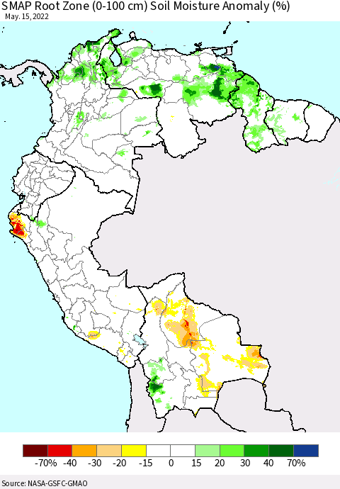 Northern South America SMAP Root Zone (0-100 cm) Soil Moisture Anomaly (%) Thematic Map For 5/11/2022 - 5/15/2022