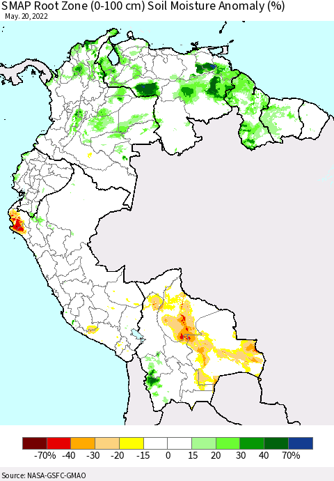 Northern South America SMAP Root Zone (0-100 cm) Soil Moisture Anomaly (%) Thematic Map For 5/16/2022 - 5/20/2022