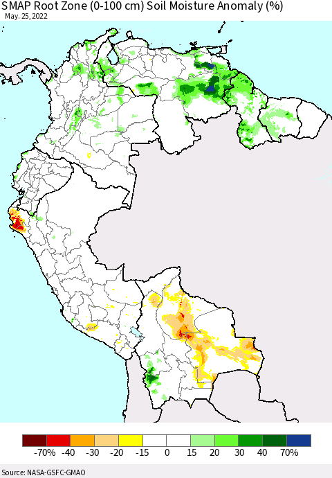 Northern South America SMAP Root Zone (0-100 cm) Soil Moisture Anomaly (%) Thematic Map For 5/21/2022 - 5/25/2022