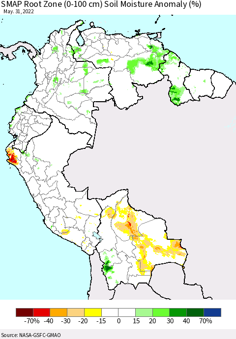 Northern South America SMAP Root Zone (0-100 cm) Soil Moisture Anomaly (%) Thematic Map For 5/26/2022 - 5/31/2022