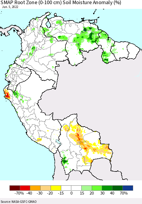 Northern South America SMAP Root Zone (0-100 cm) Soil Moisture Anomaly (%) Thematic Map For 6/1/2022 - 6/5/2022