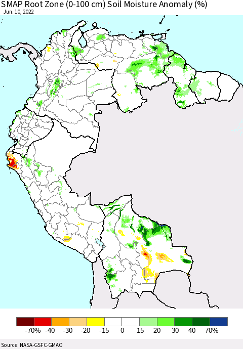 Northern South America SMAP Root Zone (0-100 cm) Soil Moisture Anomaly (%) Thematic Map For 6/6/2022 - 6/10/2022