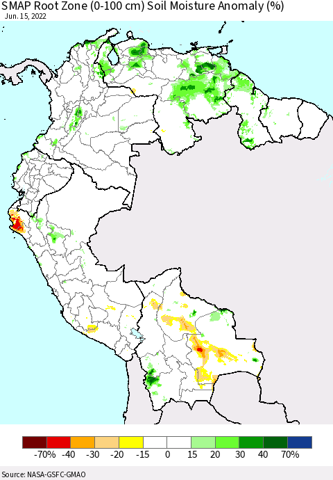 Northern South America SMAP Root Zone (0-100 cm) Soil Moisture Anomaly (%) Thematic Map For 6/11/2022 - 6/15/2022