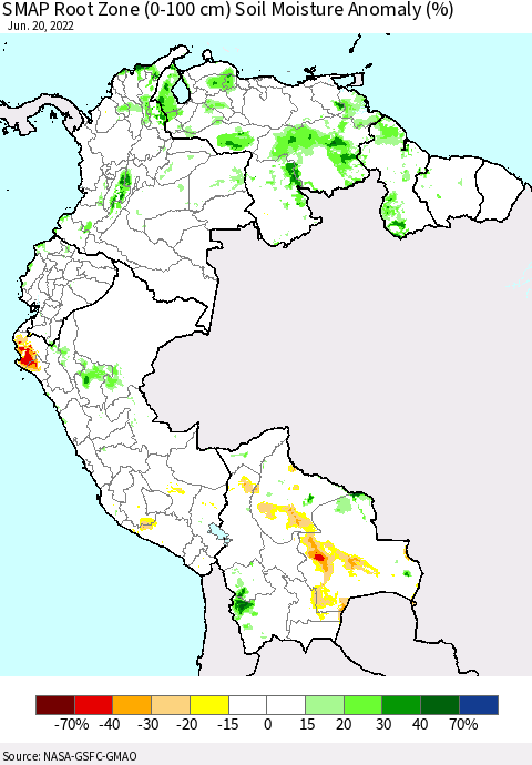 Northern South America SMAP Root Zone (0-100 cm) Soil Moisture Anomaly (%) Thematic Map For 6/16/2022 - 6/20/2022