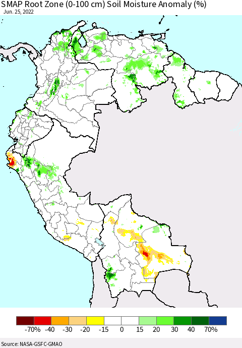 Northern South America SMAP Root Zone (0-100 cm) Soil Moisture Anomaly (%) Thematic Map For 6/21/2022 - 6/25/2022