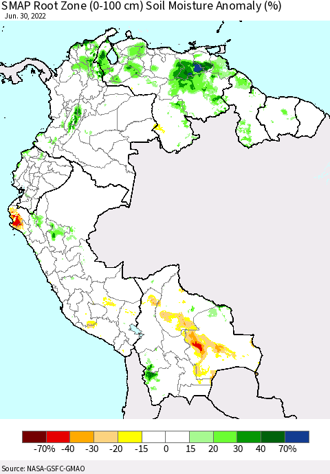 Northern South America SMAP Root Zone (0-100 cm) Soil Moisture Anomaly (%) Thematic Map For 6/26/2022 - 6/30/2022