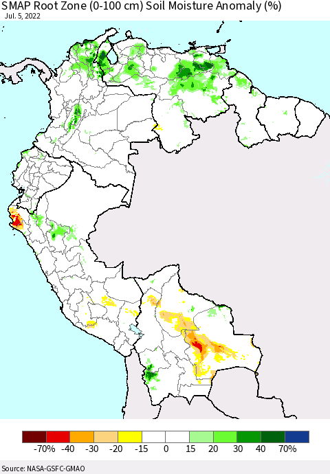 Northern South America SMAP Root Zone (0-100 cm) Soil Moisture Anomaly (%) Thematic Map For 7/1/2022 - 7/5/2022