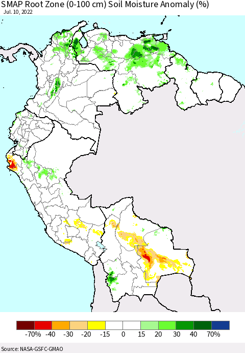 Northern South America SMAP Root Zone (0-100 cm) Soil Moisture Anomaly (%) Thematic Map For 7/6/2022 - 7/10/2022