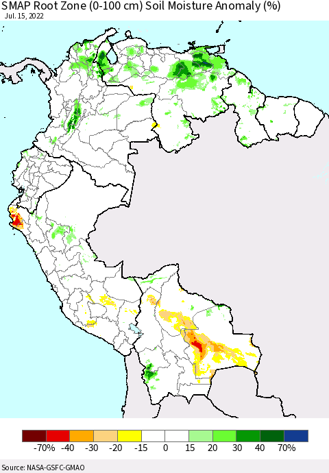 Northern South America SMAP Root Zone (0-100 cm) Soil Moisture Anomaly (%) Thematic Map For 7/11/2022 - 7/15/2022