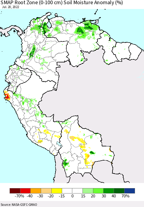 Northern South America SMAP Root Zone (0-100 cm) Soil Moisture Anomaly (%) Thematic Map For 7/16/2022 - 7/20/2022