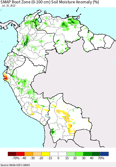 Northern South America SMAP Root Zone (0-100 cm) Soil Moisture Anomaly (%) Thematic Map For 7/21/2022 - 7/25/2022