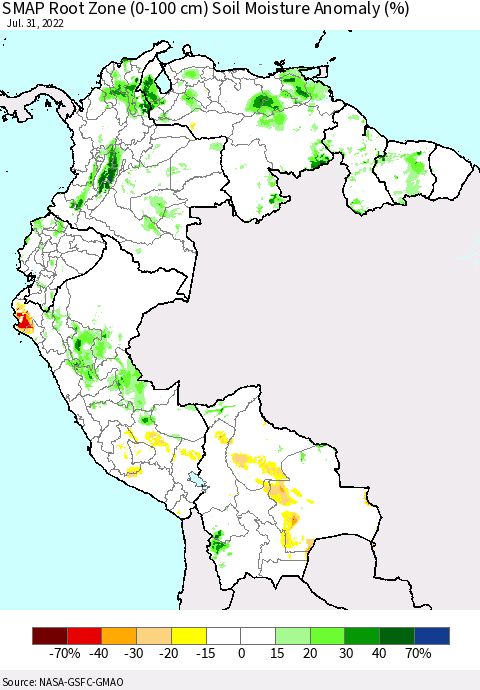 Northern South America SMAP Root Zone (0-100 cm) Soil Moisture Anomaly (%) Thematic Map For 7/26/2022 - 7/31/2022