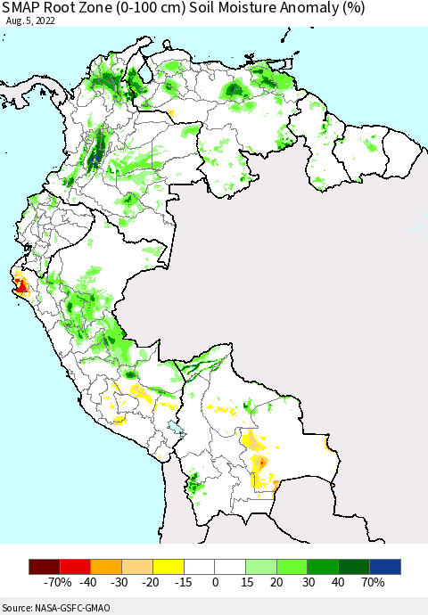 Northern South America SMAP Root Zone (0-100 cm) Soil Moisture Anomaly (%) Thematic Map For 8/1/2022 - 8/5/2022