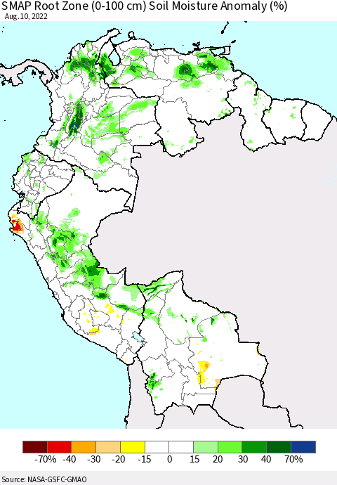 Northern South America SMAP Root Zone (0-100 cm) Soil Moisture Anomaly (%) Thematic Map For 8/6/2022 - 8/10/2022