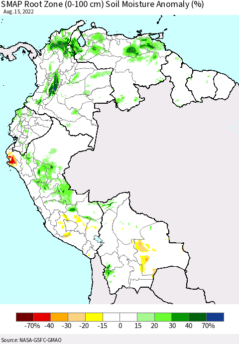 Northern South America SMAP Root Zone (0-100 cm) Soil Moisture Anomaly (%) Thematic Map For 8/11/2022 - 8/15/2022