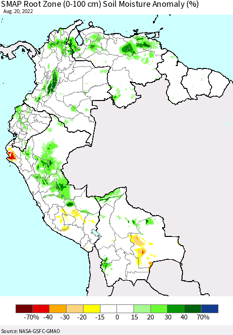 Northern South America SMAP Root Zone (0-100 cm) Soil Moisture Anomaly (%) Thematic Map For 8/16/2022 - 8/20/2022