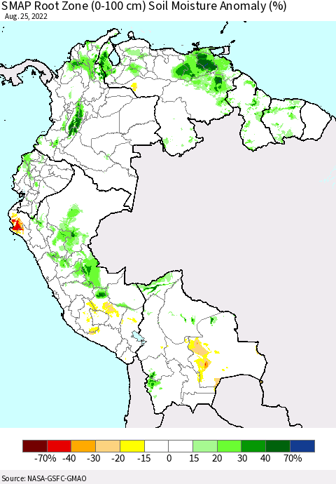 Northern South America SMAP Root Zone (0-100 cm) Soil Moisture Anomaly (%) Thematic Map For 8/21/2022 - 8/25/2022