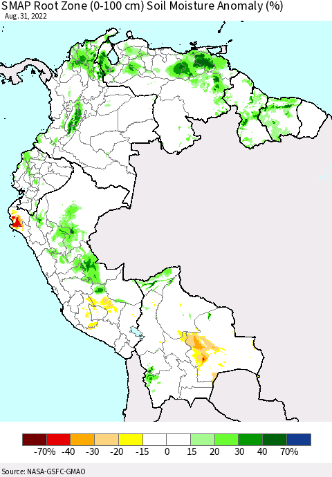 Northern South America SMAP Root Zone (0-100 cm) Soil Moisture Anomaly (%) Thematic Map For 8/26/2022 - 8/31/2022