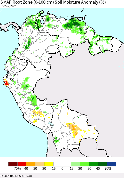 Northern South America SMAP Root Zone (0-100 cm) Soil Moisture Anomaly (%) Thematic Map For 9/1/2022 - 9/5/2022