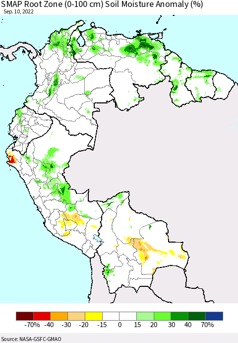 Northern South America SMAP Root Zone (0-100 cm) Soil Moisture Anomaly (%) Thematic Map For 9/6/2022 - 9/10/2022