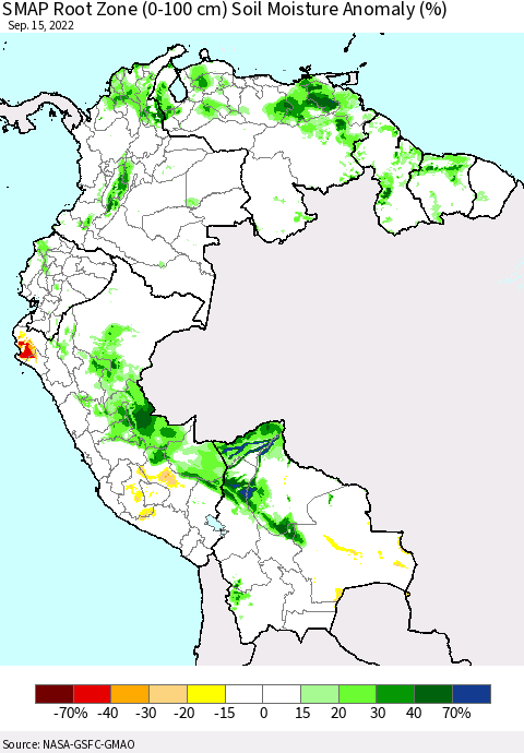 Northern South America SMAP Root Zone (0-100 cm) Soil Moisture Anomaly (%) Thematic Map For 9/11/2022 - 9/15/2022