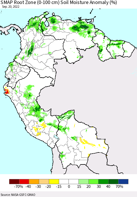 Northern South America SMAP Root Zone (0-100 cm) Soil Moisture Anomaly (%) Thematic Map For 9/16/2022 - 9/20/2022