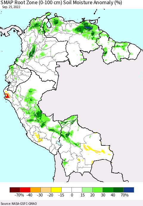 Northern South America SMAP Root Zone (0-100 cm) Soil Moisture Anomaly (%) Thematic Map For 9/21/2022 - 9/25/2022
