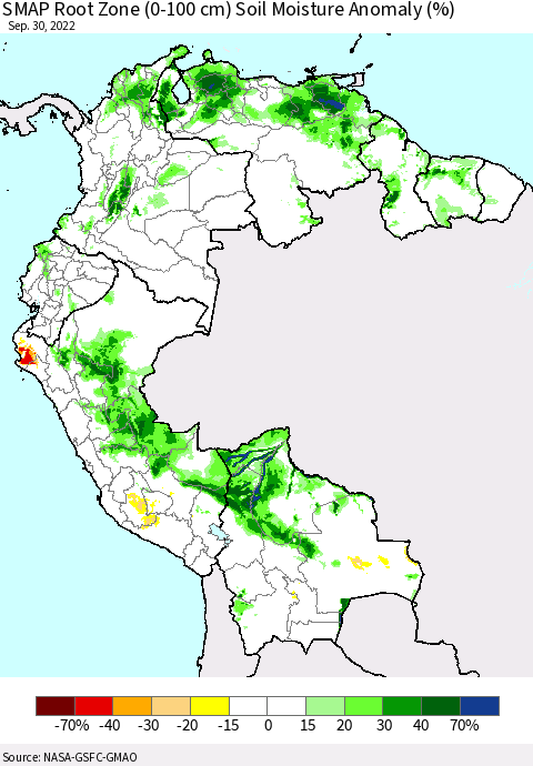 Northern South America SMAP Root Zone (0-100 cm) Soil Moisture Anomaly (%) Thematic Map For 9/26/2022 - 9/30/2022