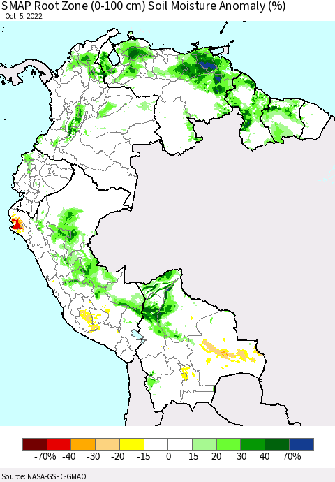 Northern South America SMAP Root Zone (0-100 cm) Soil Moisture Anomaly (%) Thematic Map For 10/1/2022 - 10/5/2022