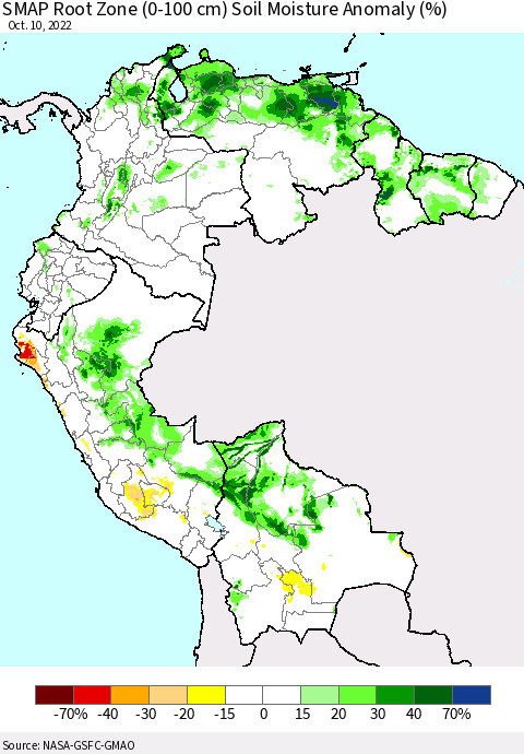 Northern South America SMAP Root Zone (0-100 cm) Soil Moisture Anomaly (%) Thematic Map For 10/6/2022 - 10/10/2022